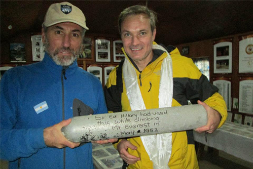 Horacio and Horacio with an oxygen tank used by Hillary during his Everest ascent