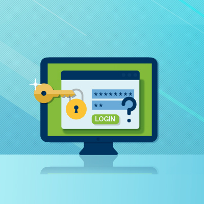 cartoon desktop, a login window opened with a key and a question mark next to the password field