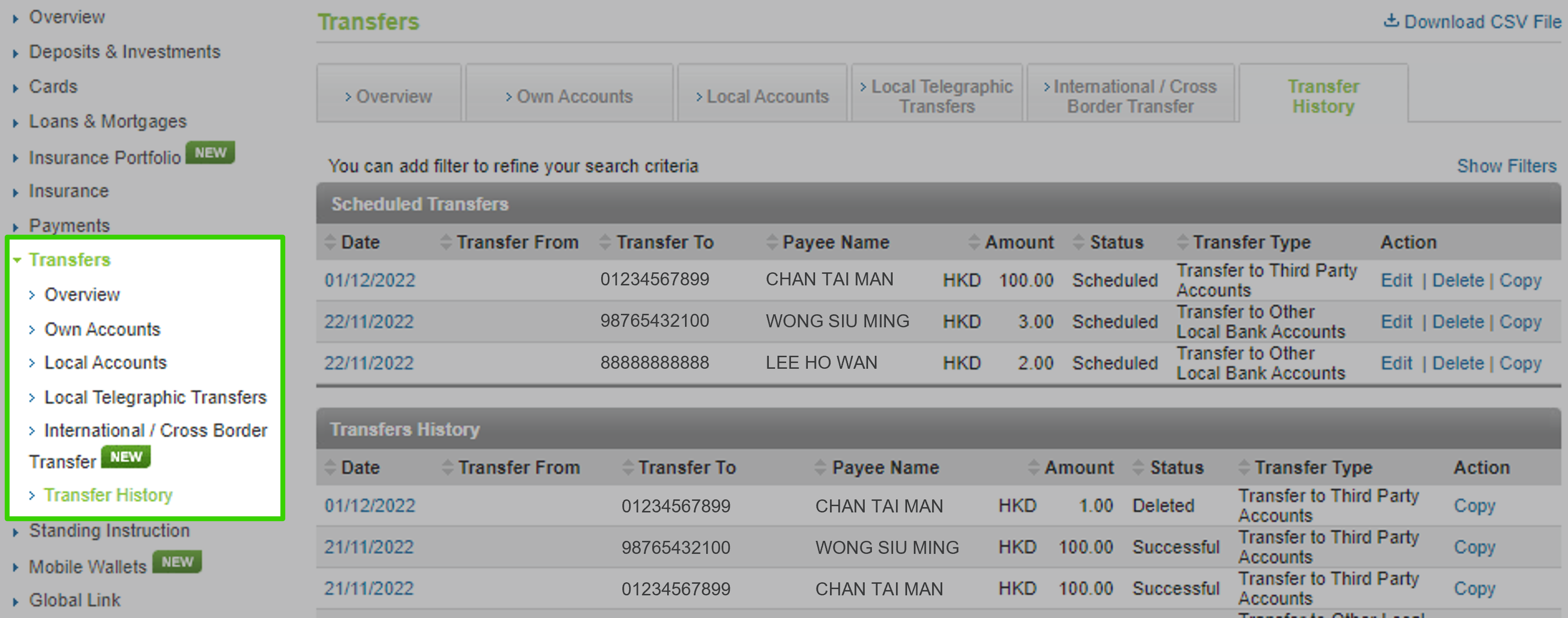 Edit scheduled transfer on Online Banking step 1