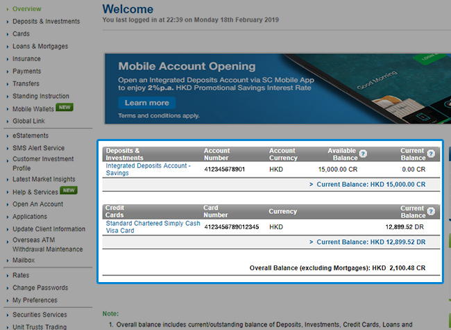 Showing accounts and credit cards balances