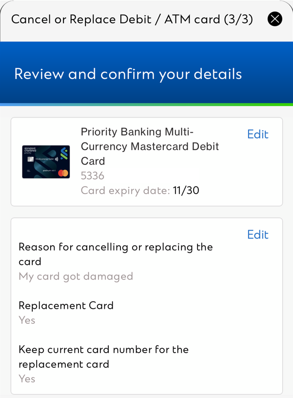 SC Mobile App Replace your card Step 3