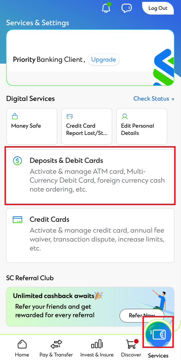 SC Mobile Report a lost card or block card Step 1