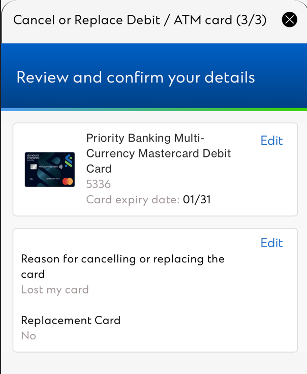 SC Mobile Report a lost card or block card Step 3