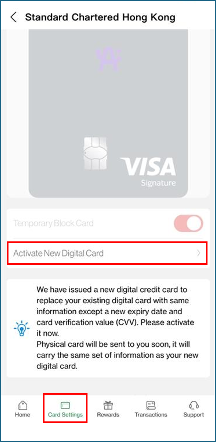 step 2 - Go to Card Settings and Active New Digital Card