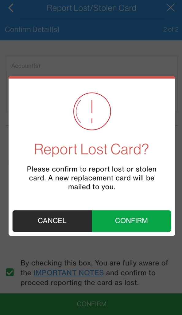 SC Mobile App Report Lost/Stolen Credit Card Step 5
