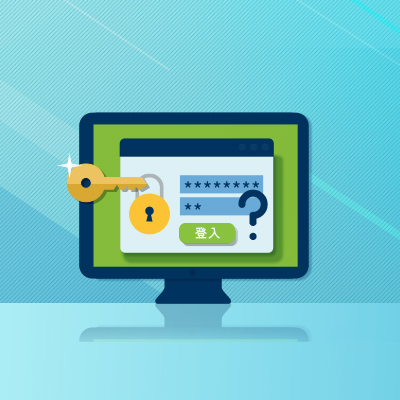 卡通電腦桌面上一個登錄畫面，密碼欄旁邊有一條鑰匙和一個問號