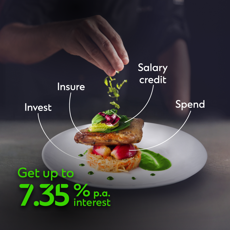 invest, insure, salary credit, spend, get up to 7.35% p.a interest