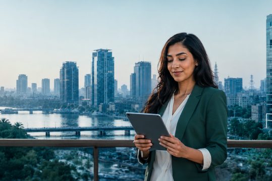 A woman looking at her tab standing against a window with a city view