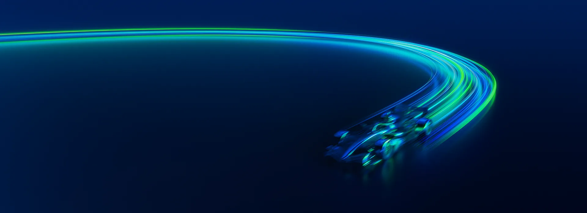 A car sweeps across the screen in a flash of green and blue coloured light.
