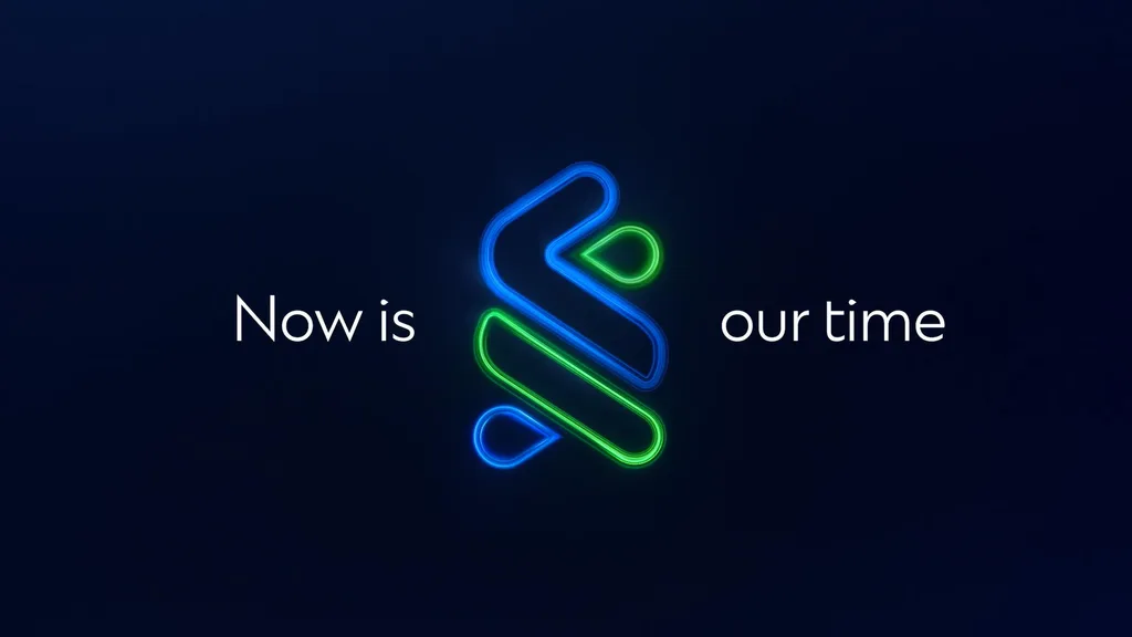 The Standard Chartered trust mark in blue and green neon light, surrounded by the words 'Now is our time.'