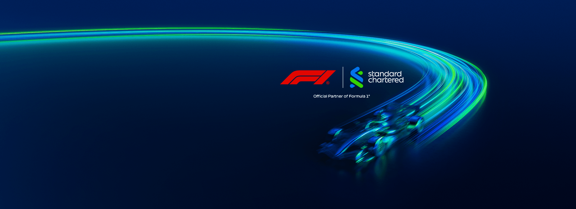A car sweeps across the screen in a flash of green and blue coloured light besides the F1 and Standard Chartered logos.
