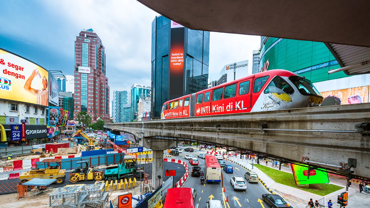 train travelling over city