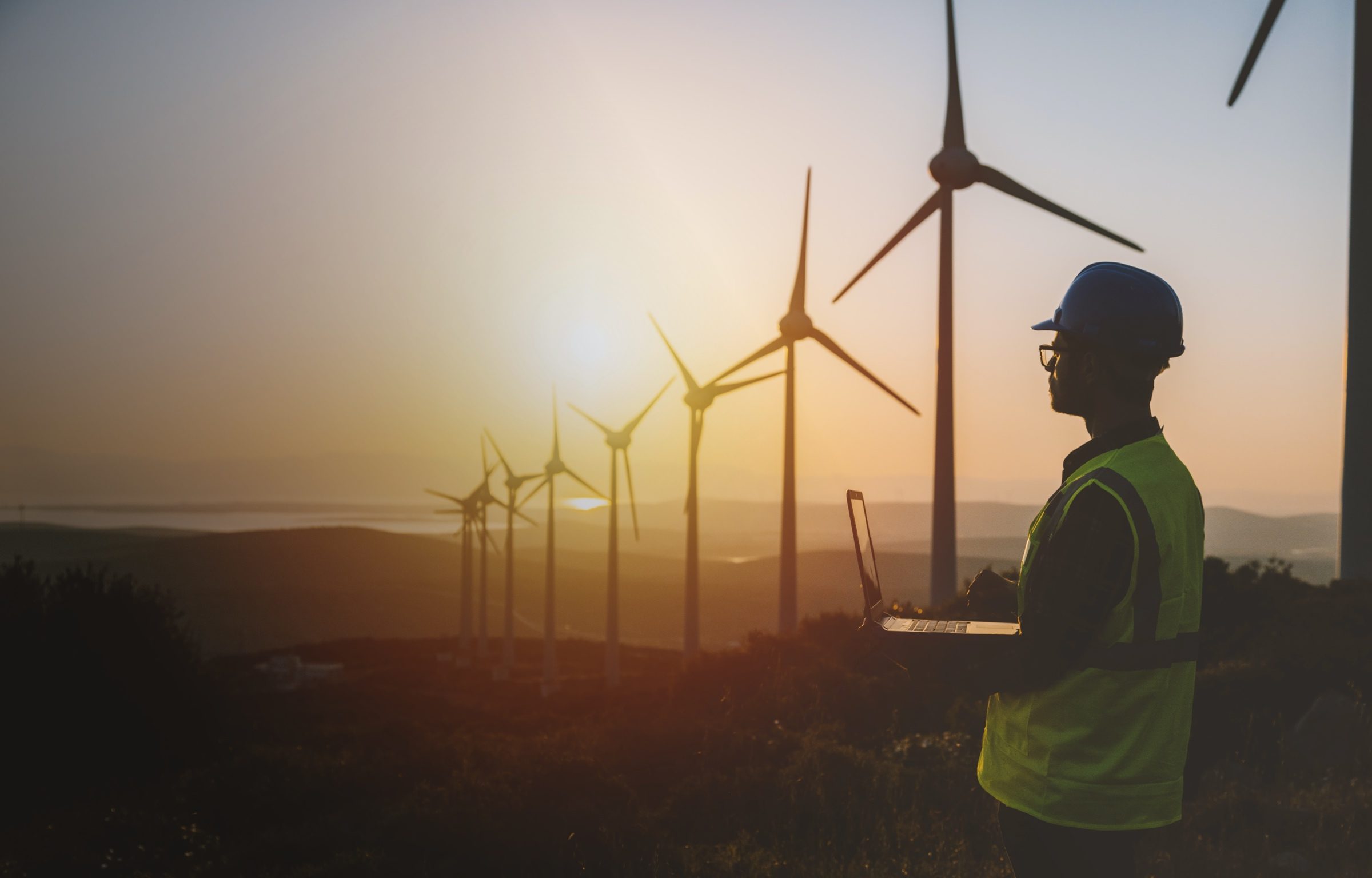Man with laptop in an open field with windmills