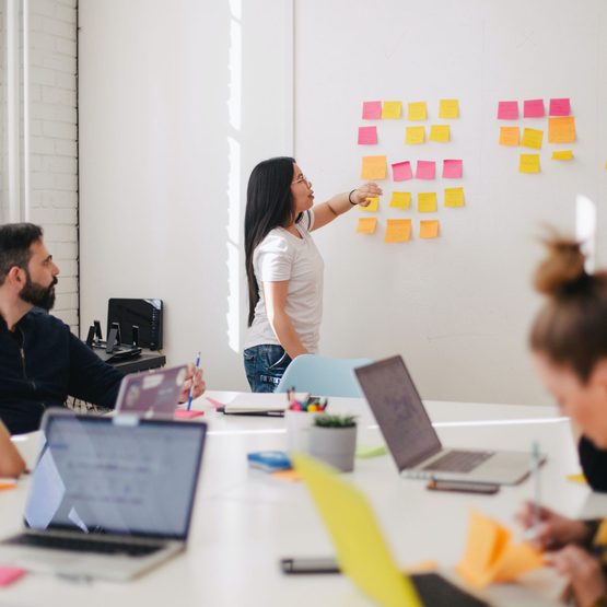 A team in a meeting working together