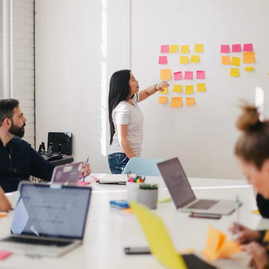 A team in a meeting working together