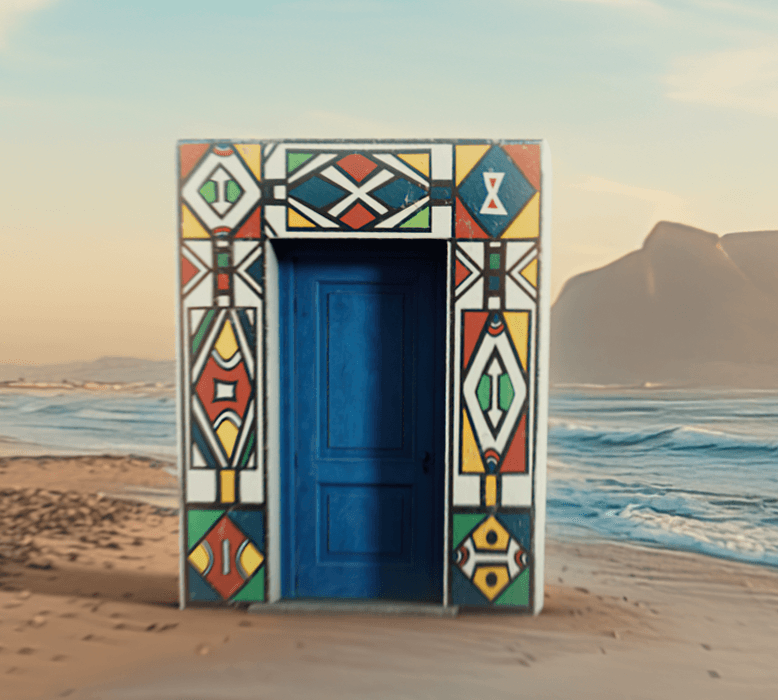 A colourful doorframe in the middle of a beach