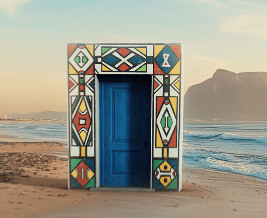 A colourful doorframe in the middle of a beach