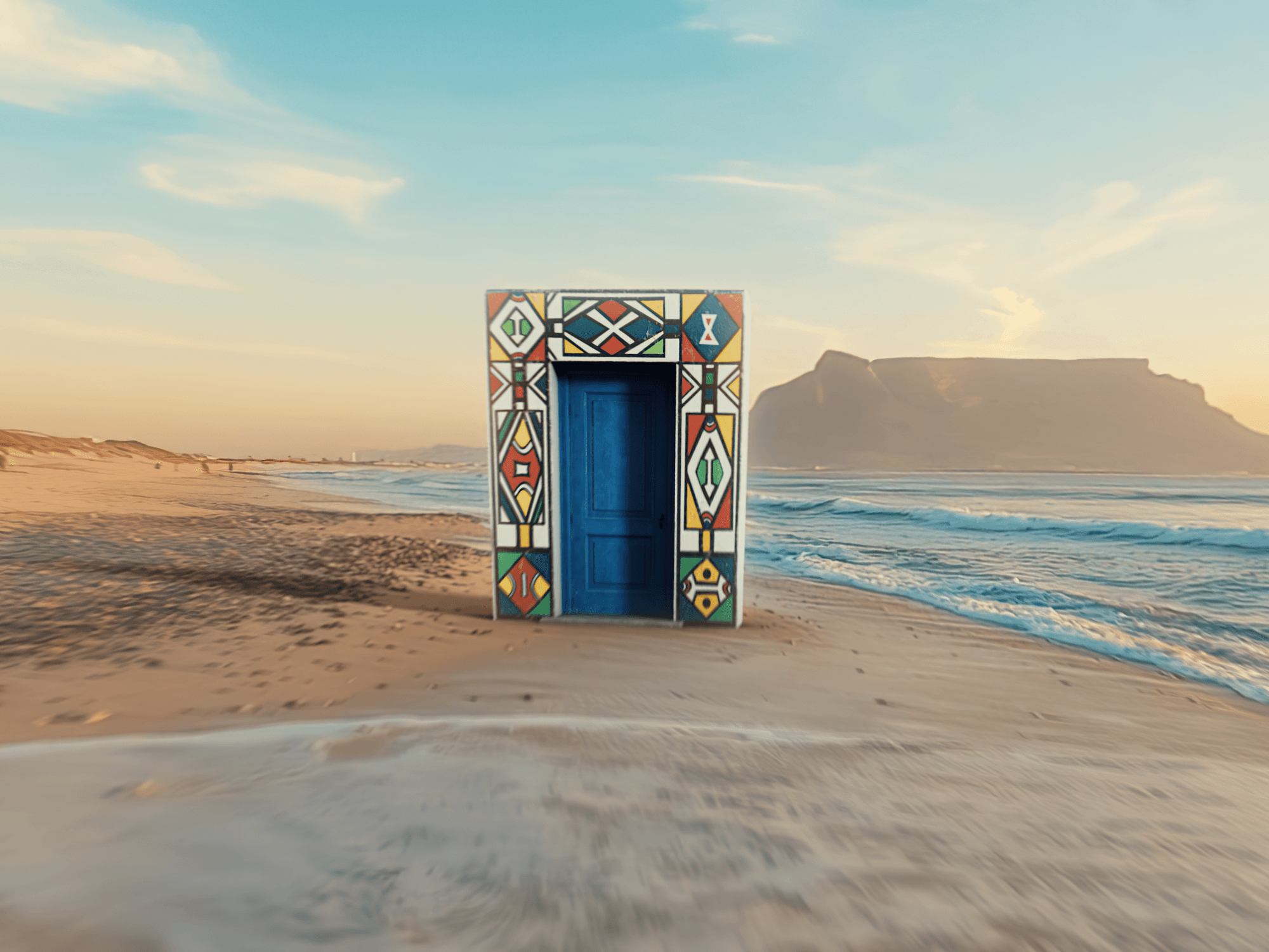 A colourful door frame placed in the middle of a beach