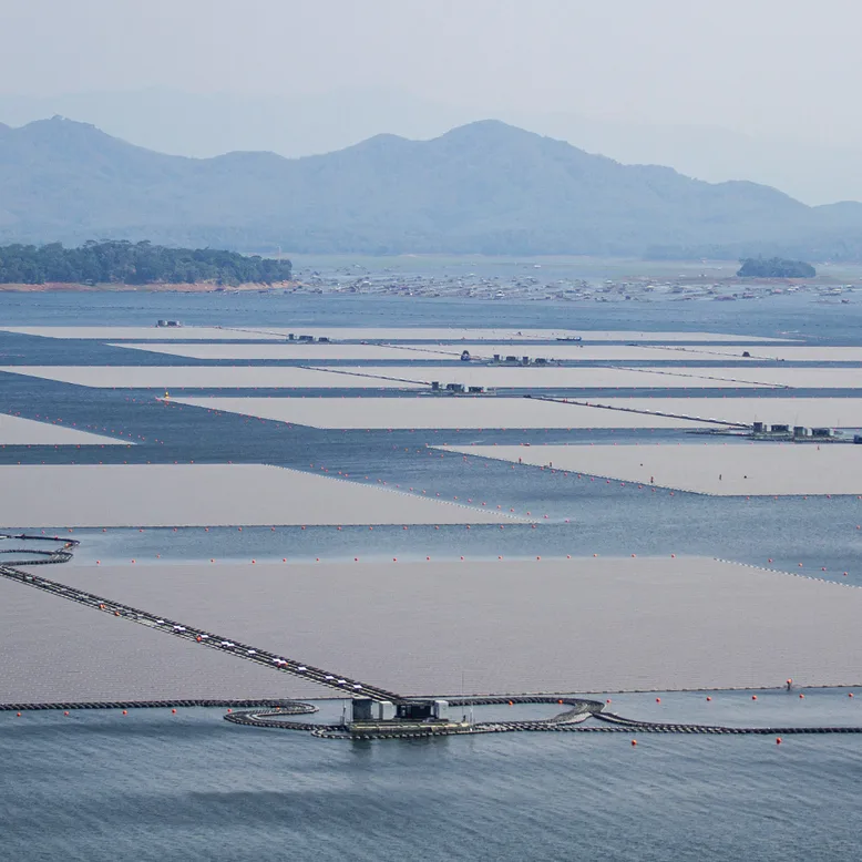 Floating solar panels on a lake in Indonesia.