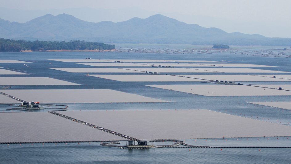 Floating solar panels on a lake in Indonesia.