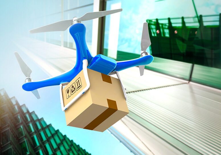 A CGI image of a drone dropping off a parcel.