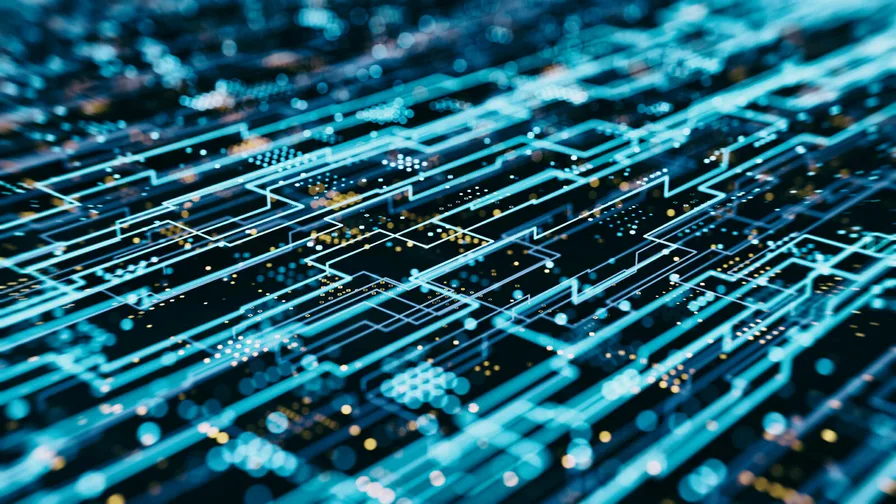 Close up of a digital circuit board with glowing blue lines and nodes.