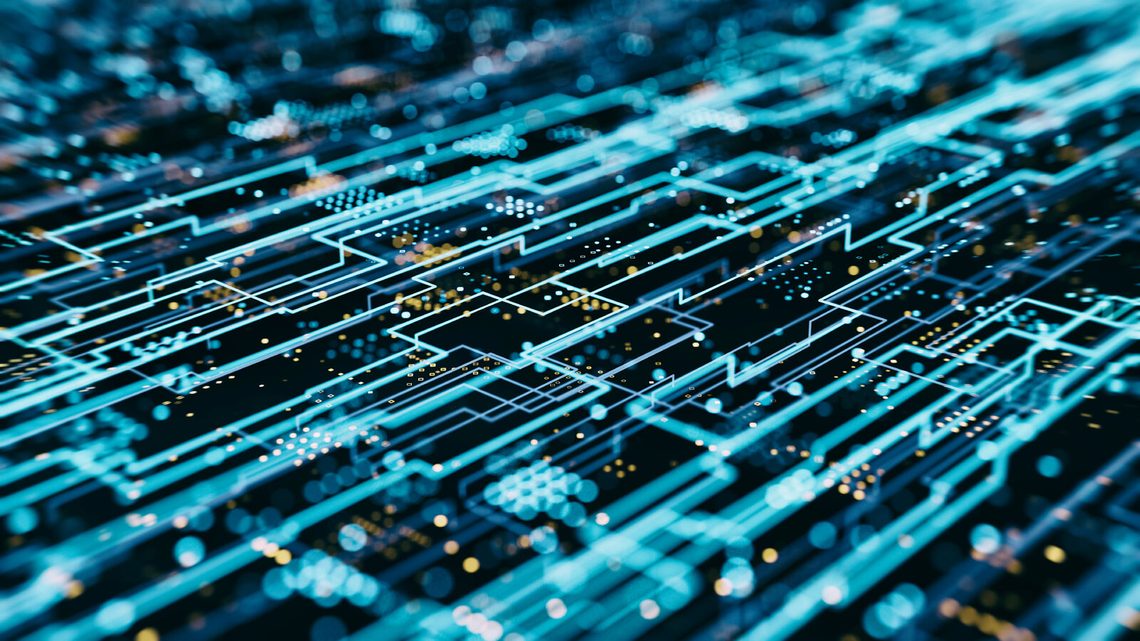 Close up of a digital circuit board with glowing blue lines and nodes, representing a complex network or electronic data flow. 