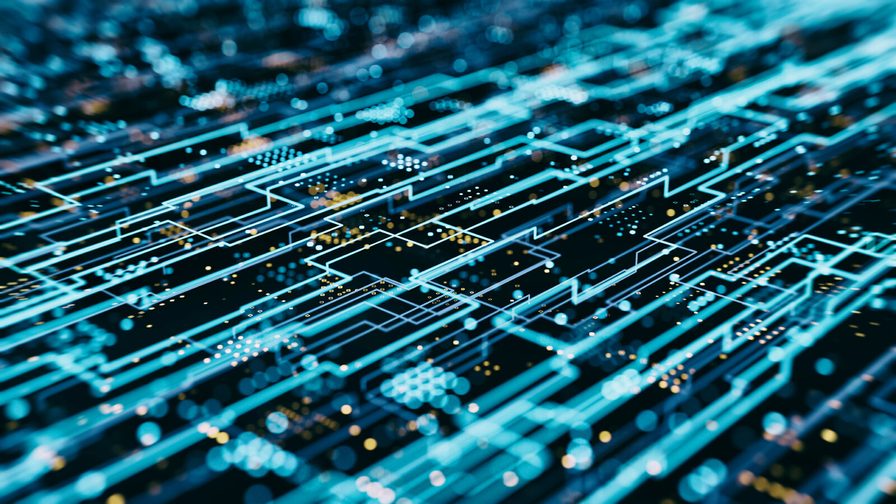 Close up of a digital circuit board with glowing blue lines and nodes.