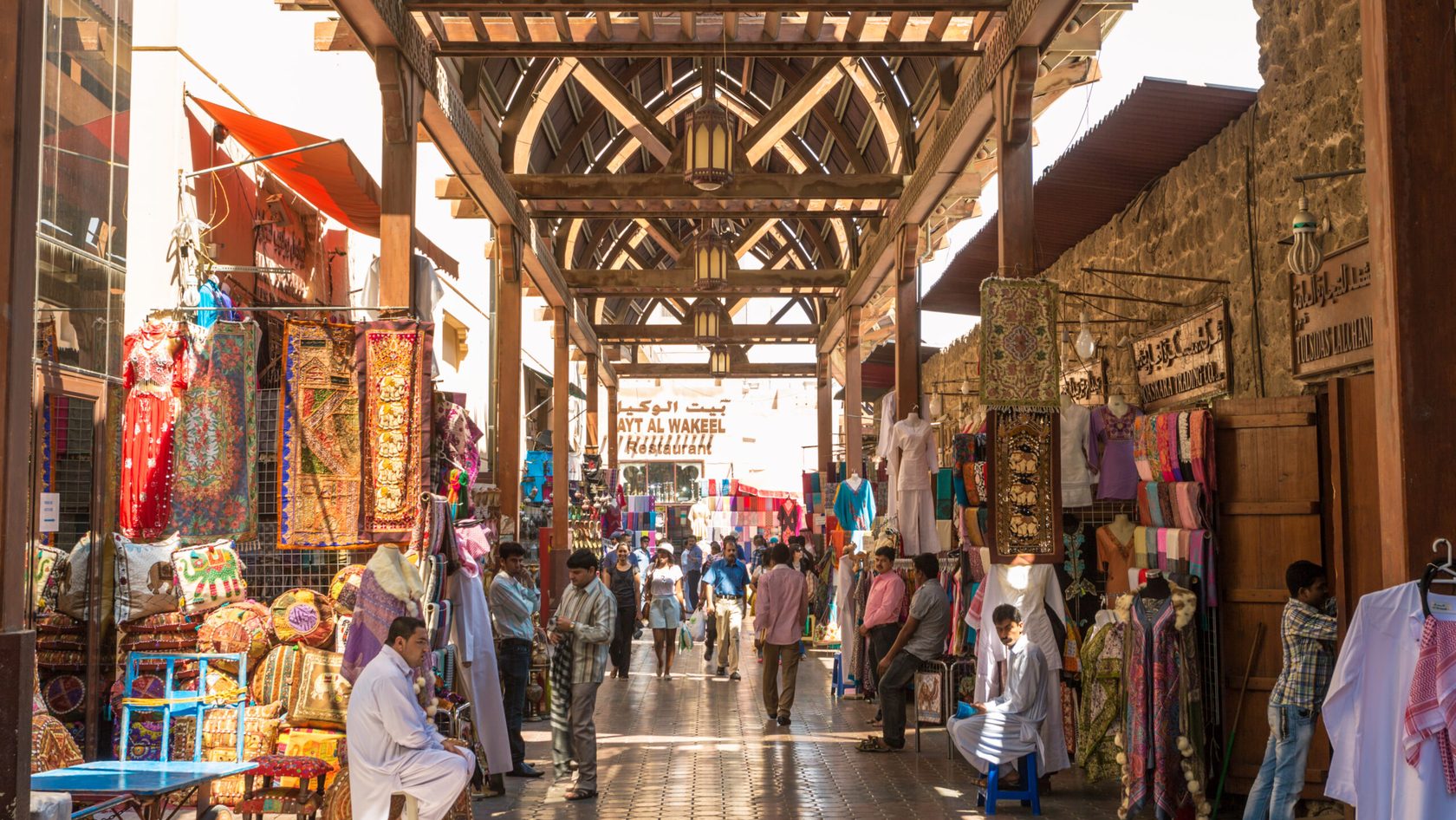 Textile souk crowded with people, Bur Dubai, UAE