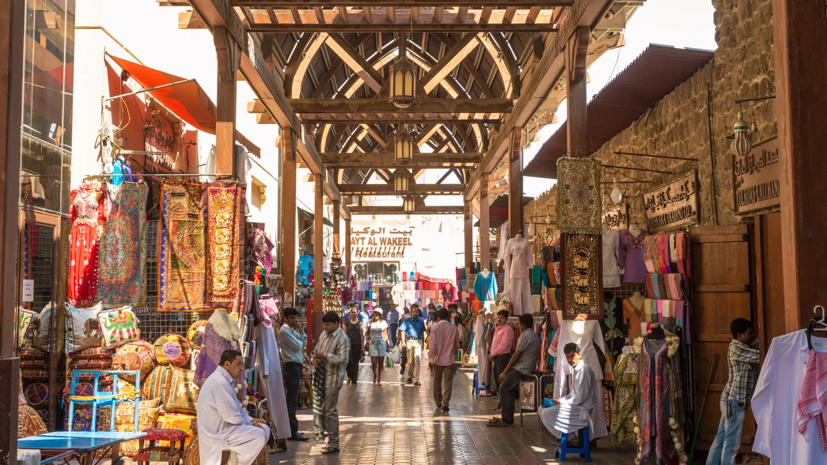 Textile souk crowded with people, Bur Dubai, UAE