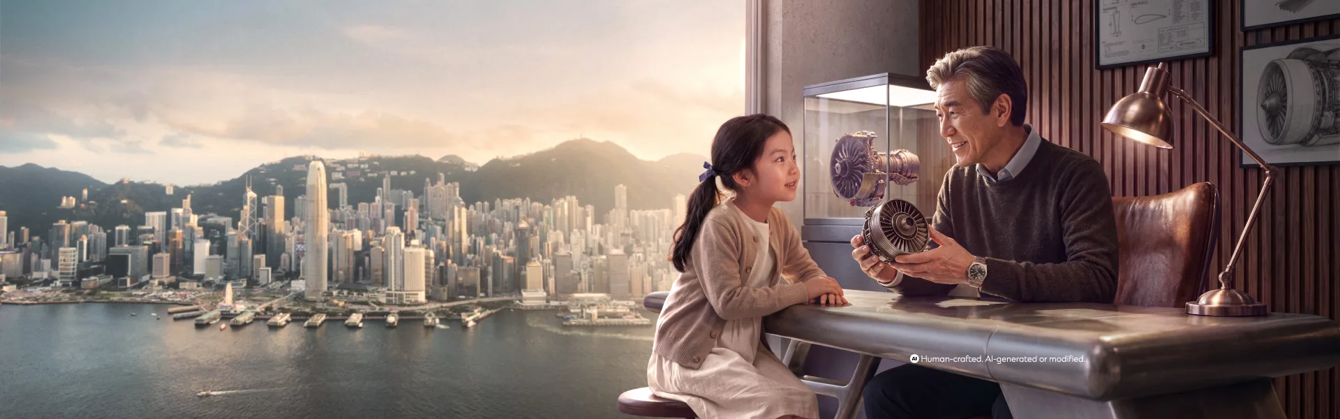 A grandfather models of engineering parts to his granddaughter.
