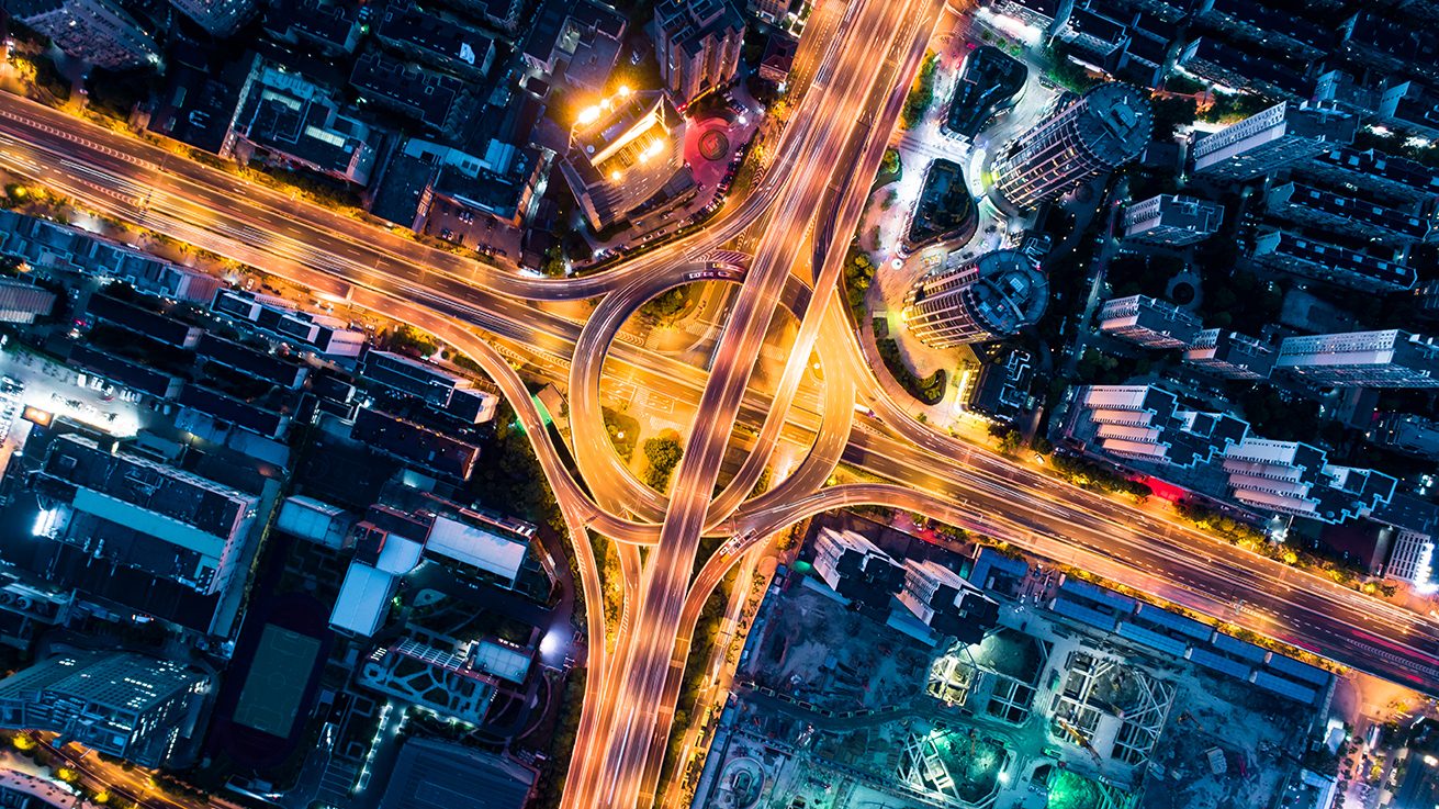 Aerial view of Shanghai Luban road interchange at night