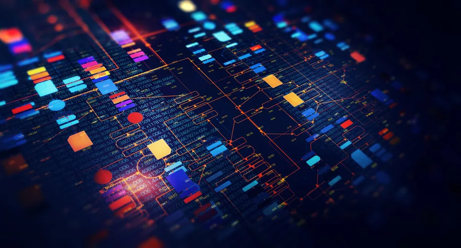 Futuristic circuit board depicting a blockchain network concept