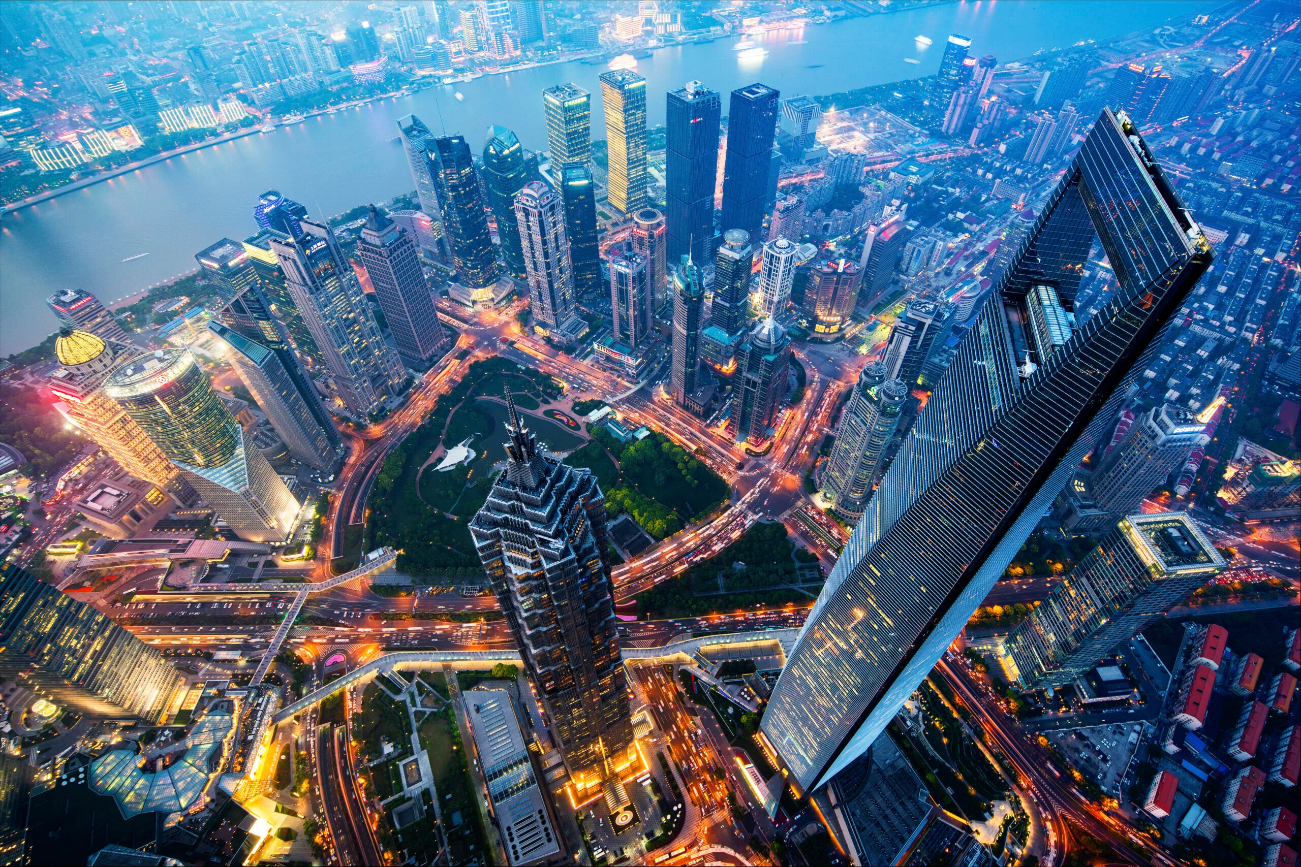 Wide angle view of the waterfront Lujiazui Financial District at night.