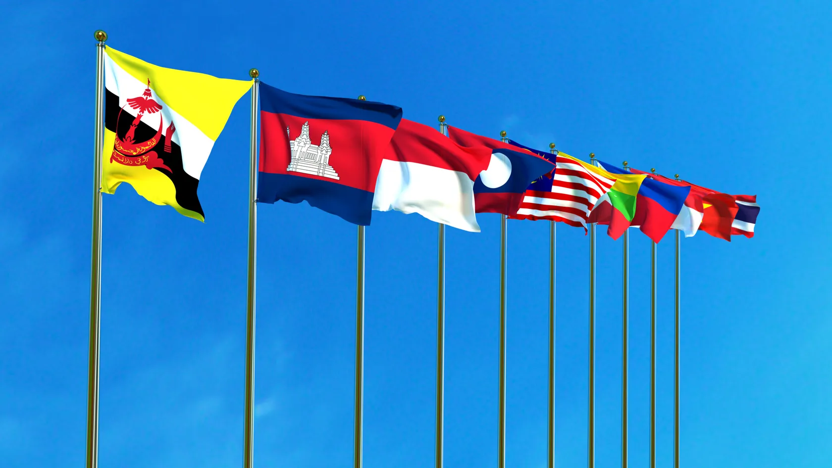 Bright flags against a blue sky