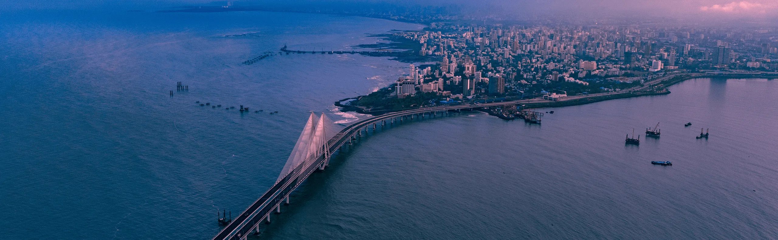A city at sunset.