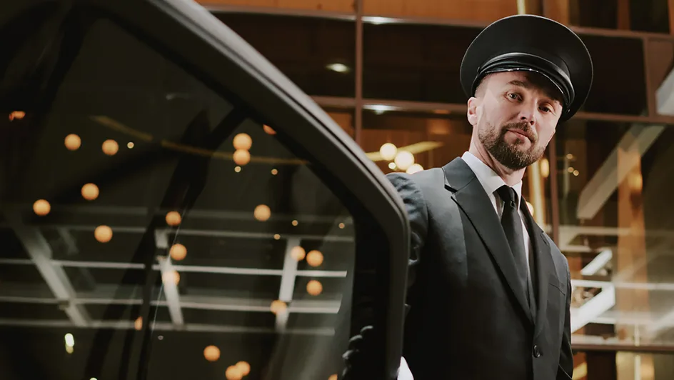 A chauffeur holds open the door of a limousine for a Standard Chartered Private Bank client.