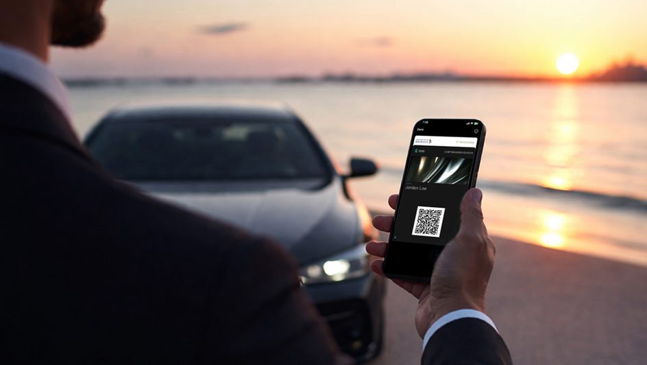 A Private Bank client uses their mobile phone to access a limousine service through their Standard Chartered benefits.