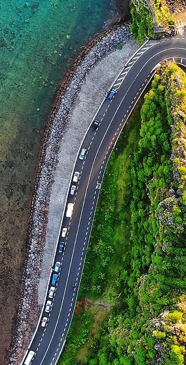 Aerial view of a road with forest on one side and sea on the other