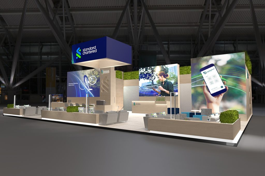 rendered image of SC booth at Sibos 2025