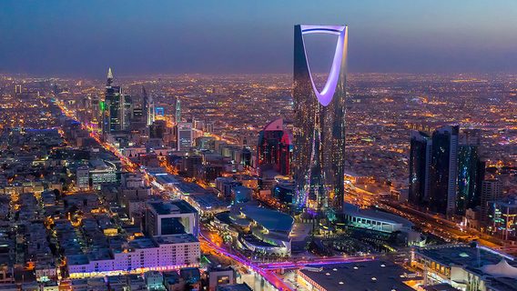 Night view of Riyadh skyline in Saudi Arabia