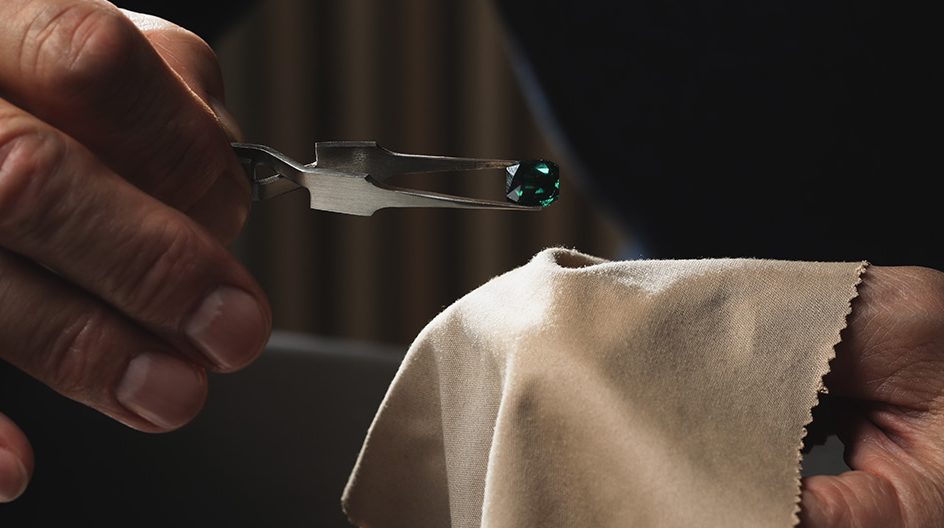 A jeweller selects a gemstone.