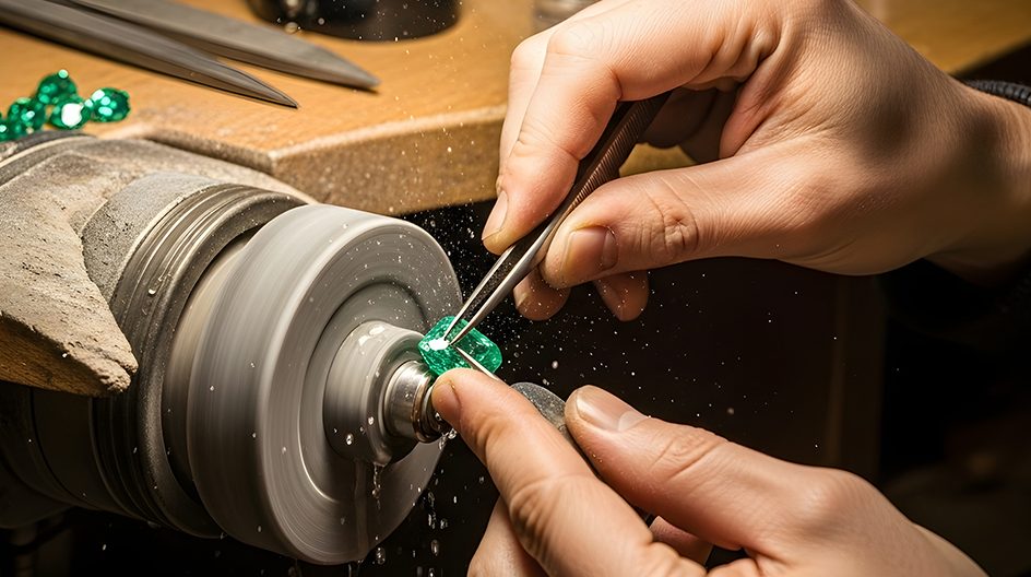 A jeweller works a gemstone.