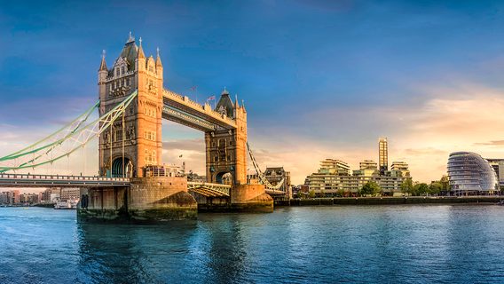 The skyline of London: from the Tower Bridge to London Bridge during sunset time, United Kingdom