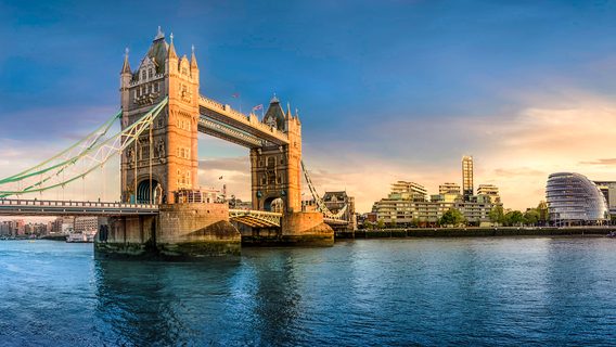 The skyline of London: from the Tower Bridge to London Bridge during sunset time, United Kingdom