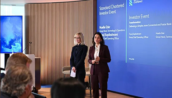 Noelle Eder and Tanuj Kapilashrami present on Day 1 of the 2026 Standard Chartered Investor Event.