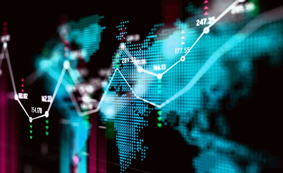 Financial data analysis graph over world map. Horizontal composition with selective focus and copy space.