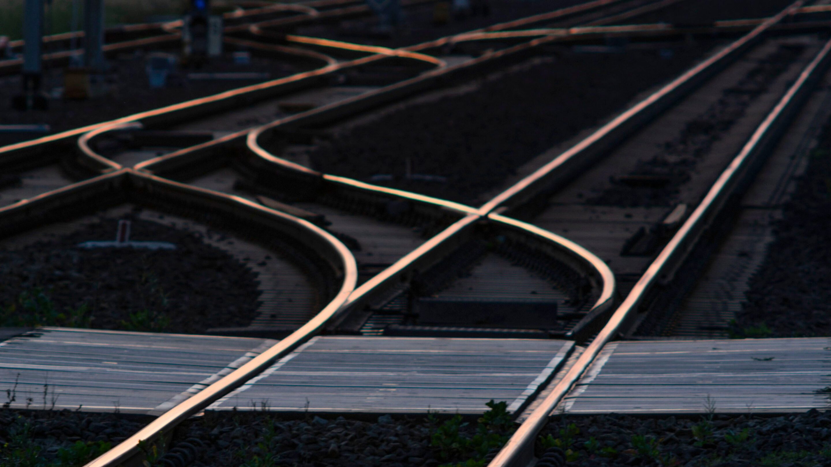 Railway tracks converging and crossing through a rail yard.