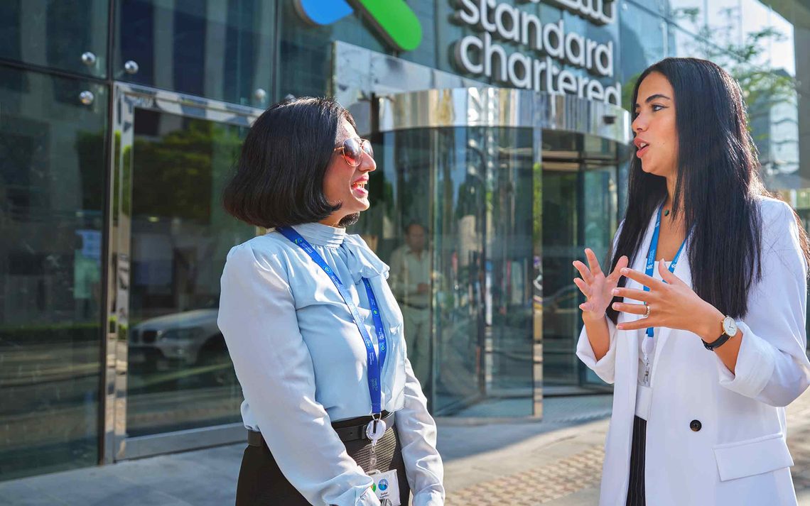 2 women outside the office