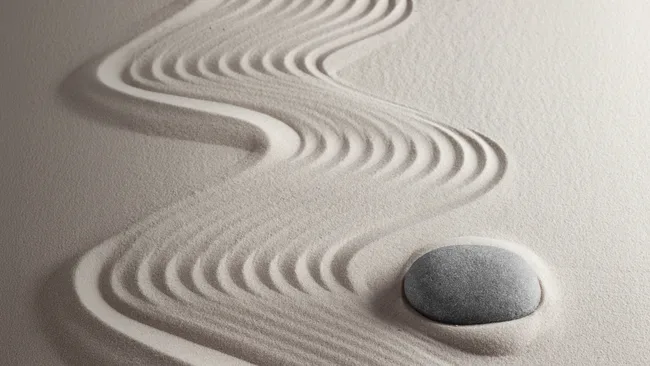 Abstract curved lines creating a wave-like pattern and a pebble in textured sand.